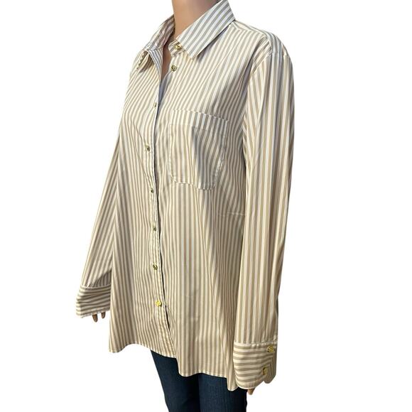 Jude Connally Kimber Button Down Tunic Top XL Long Sleeve Striped Sand Cotton - Picture 2 of 9